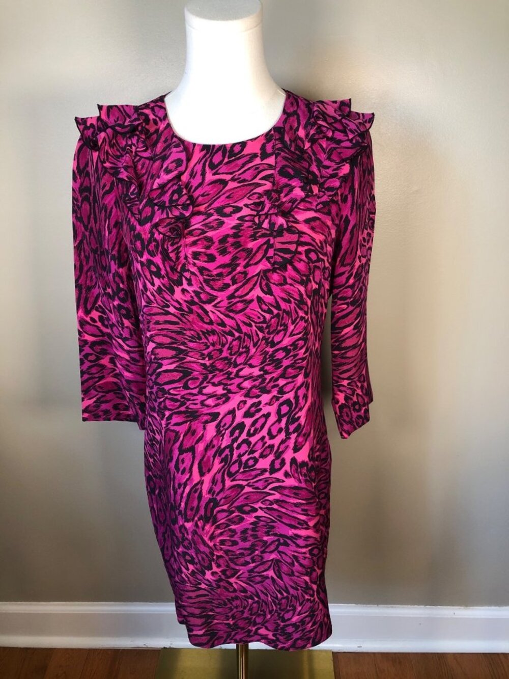Vintage Y2K Juicy Couture 100% Silk Pink Black Animal Print Shift Dress Size 2
